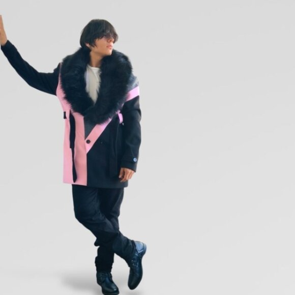 Men’s Pink | Grey | Black Double Breast Coat with Faux Fur NWT - Picture 8 of 9